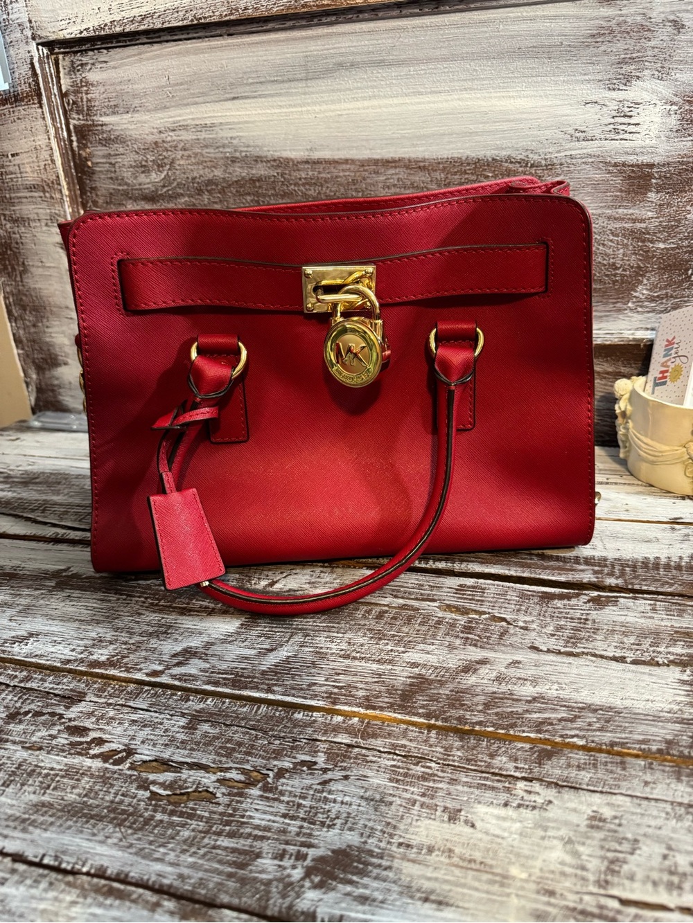 Michael Kors Red Saffiano Satchel with Gold-Tone Lock